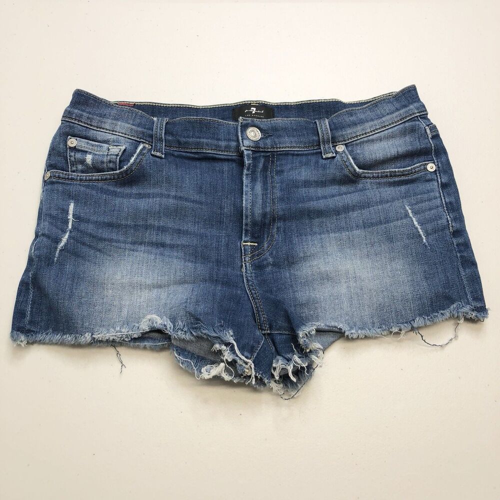 7 For All Mankind Womens Denim Md Rise Cut Off Shorts Blue Cotton Size 28